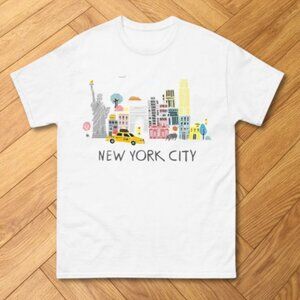 White New York City Skyline Travel Illustration Graphic Tee Reprint